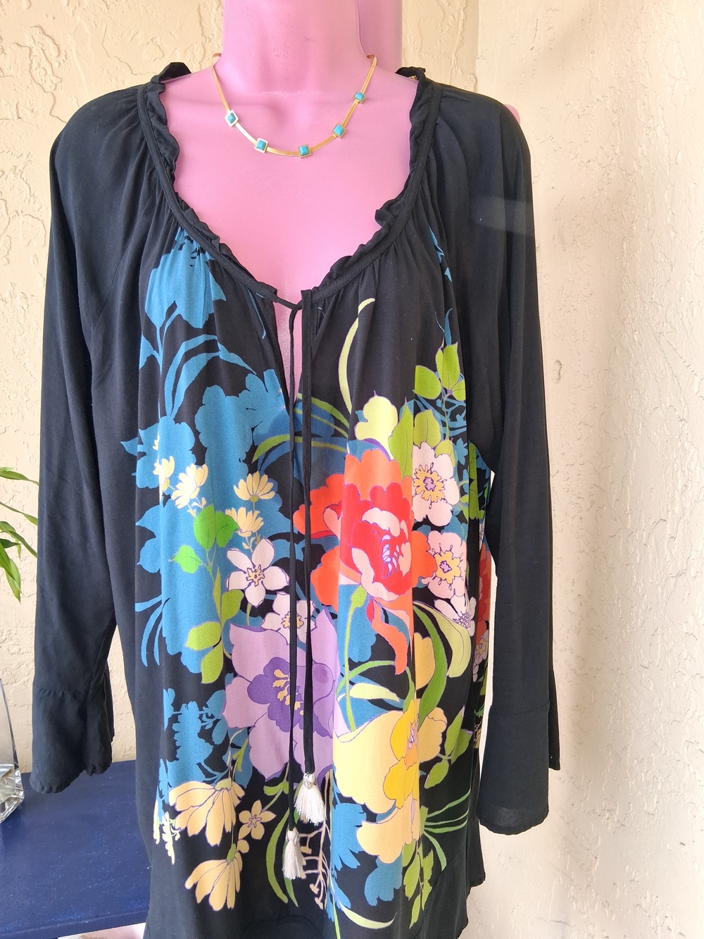 Johnny Was Black Floral Tie-Front Long Sleeve Tee